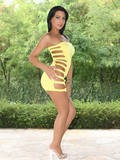 Gorgeous Brunette Destiny In Yellow Mini Dress Shows Her Butt And Saddles A Big Toy