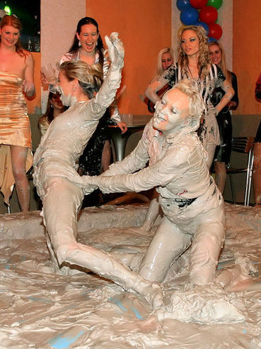 Eliss Fire And Lexxis Brown In Beautiful Satin Blouse And Skirts Get Mud Wrestling Match On