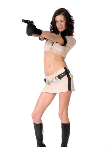 Mayline Nubiles Is Wearing A Uniform And Holding A Weapon. She Is Totally Dangerous.