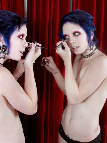 Topless Blue-Haired Goth Girl Sara X In Black Panties Does Her Face In The Mirror